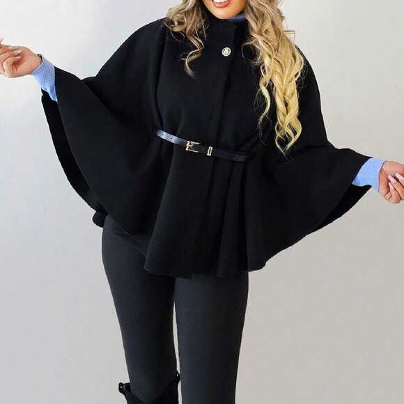 Black Casual Women's Elegant Stand Collar Loose fit belted Coat Jacket - Picture 5 of 7